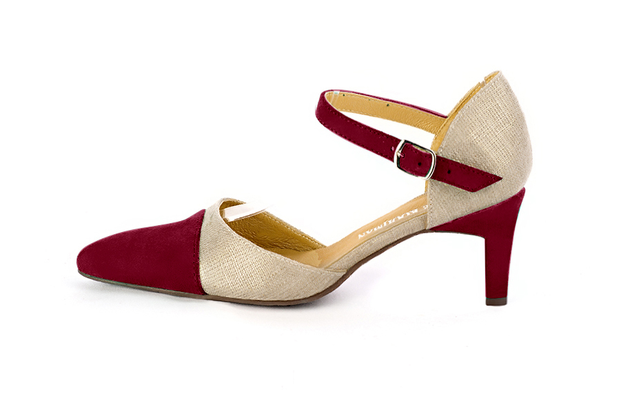 Women's burgundy red and gold open side dress shoes, with an instep strap. Tapered toe. Medium comma heels - Profile view